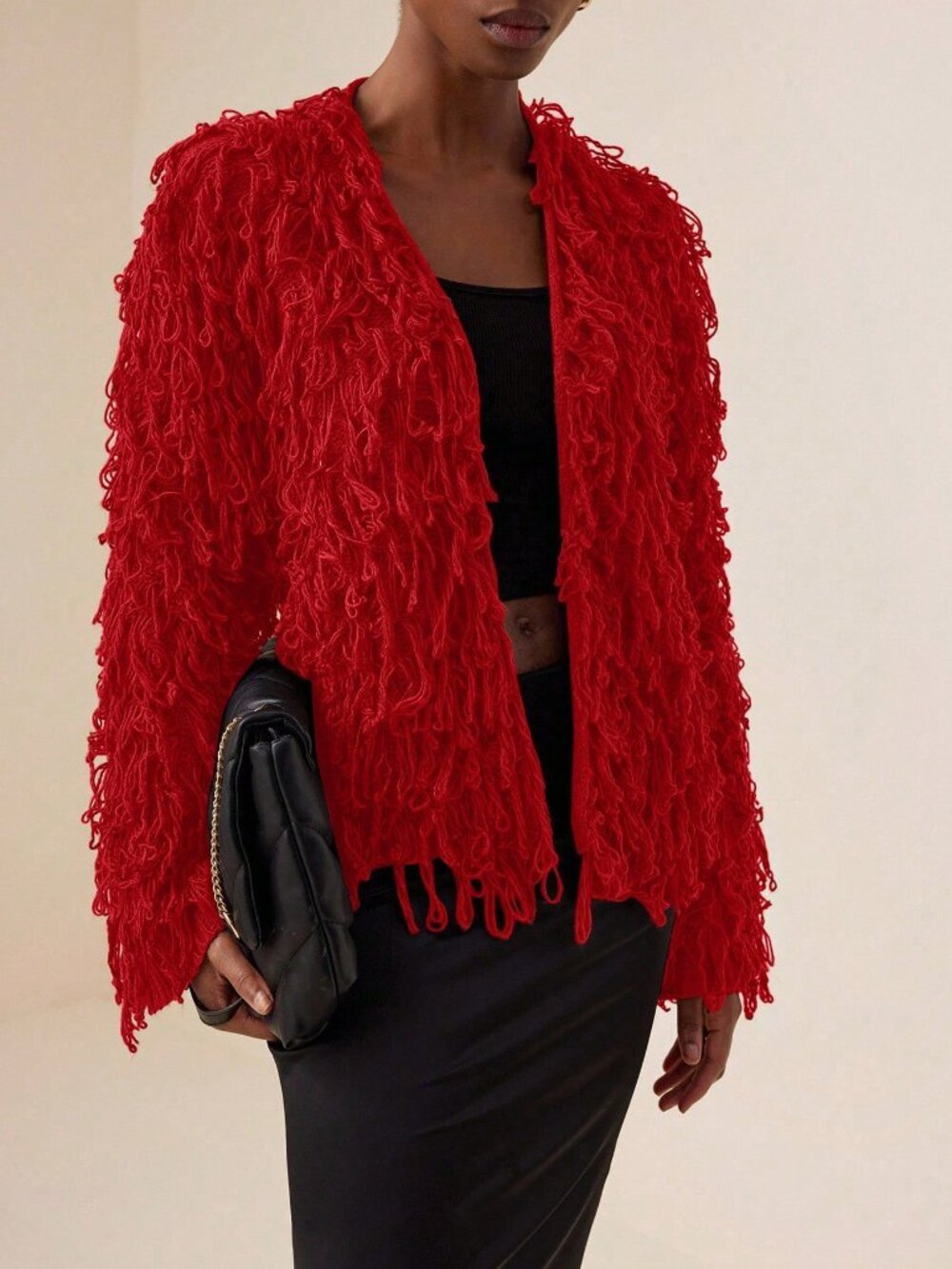 Red Casual Women's Fringe Decor Long Sleeve Cardigan